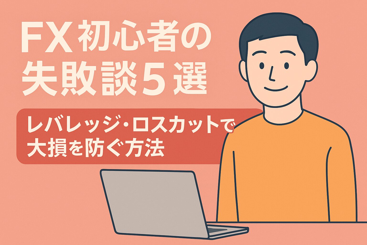 FX初心者の失敗談と改善方法を解説する記事のアイキャッチ画像。落ち着いた男性のイラスト付き。